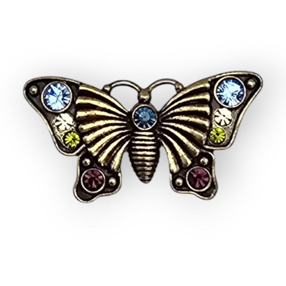 Butterfly Brooch Multi Color Rhinestone Gold Filigree Pin Storybook Romantic